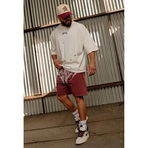 YOUNGLA Mens Off-White Distressed T-Shirt Graphic Size XL Oversized Cropped Tea‎